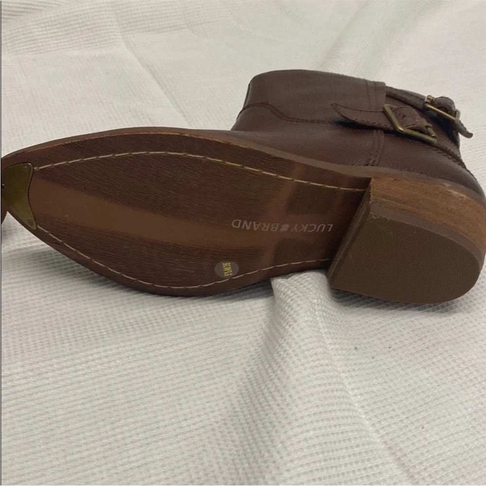 Lucky Brand Caelyn Leather Bootie Brown Double Buckle Western Moto Boho 5.5